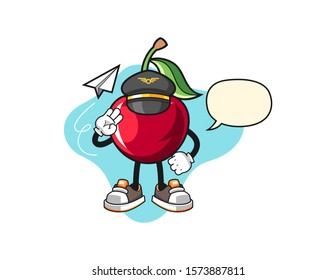 Bing cherry pilot with speech bubble cartoon. Mascot Character vector.