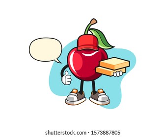 Bing cherry pizza delivery with speech bubble cartoon. Mascot Character vector.