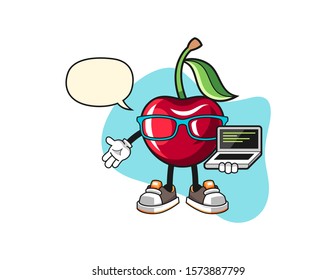 Bing cherry programmer with speech bubble cartoon. Mascot Character vector.