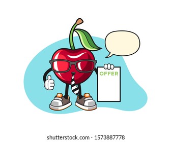 Bing cherry salesman with speech bubble cartoon. Mascot Character vector.