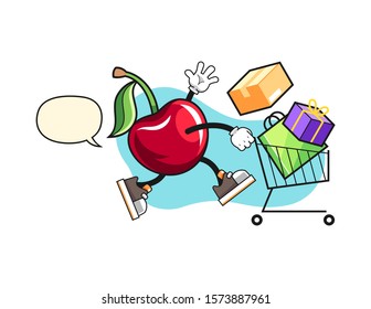 Bing cherry shopping with speech bubble cartoon. Mascot Character vector.