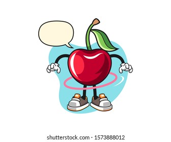 Bing cherry spinning a hula hoop with speech bubble cartoon. Mascot Character vector.