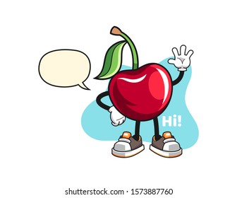 Bing cherry waves hand with speech bubble cartoon. Mascot Character vector.