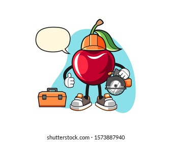 Bing cherry woodworker with speech bubble cartoon. Mascot Character vector.
