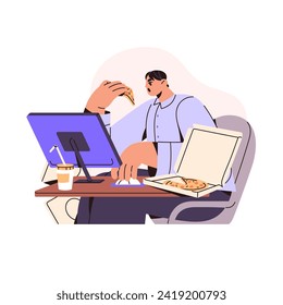 Binge eating concept. Busy employee having lunch on workplace. Office worker eats fast food, pizza during work. Overload, overeating problems. Flat isolated vector illustration on white background