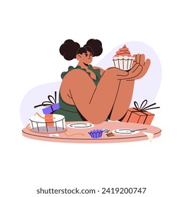 El concepto de comer jugoso. La chica triste come comida poco saludable, torta. Carácter adicto que come demasiado los postres. Dulces problemas nutricionales. Trastornos psicológicos. Ilustración vectorial aislada plana en blanco