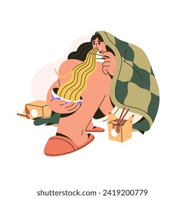 Binge eating concept. Sad girl with overeating problems eats stress, cries. Depressed woman with noodles, unhealthy food. Psychological disorder. Flat isolated vector illustration on white background