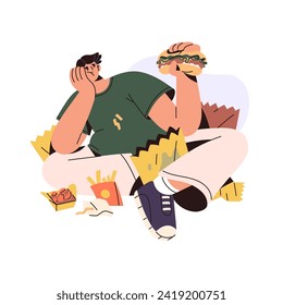 Binge eating concept. Sad guy eats lots of fast food, hamburger. Fat man holds burger. Problems with unhealthy nutrition. Psychological disorder. Flat isolated vector illustration on white background