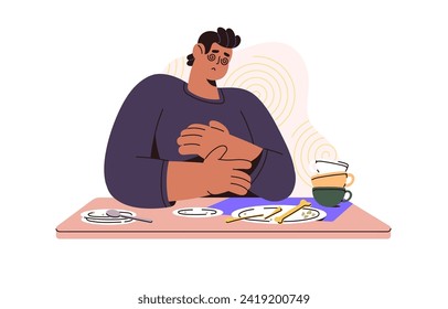 Binge eating concept. Unwell guy suffers from overeating. Sick man feeling bad of consume unhealthy food. Nutrition problems. Diet disorder. Flat isolated vector illustration on white background