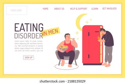 Binge eating disorder in men. Severe, life-threatening, and treatable medical problem. Eating alone, more rapidly than normal. Feeling disgusted with oneself. BED awareness concept. Website page