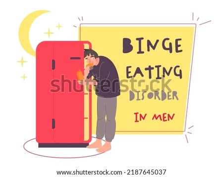 Binge eating disorder in men. Severe, life-threatening, and treatable medical problem. Eating alone, more rapidly than normal. Feeling disgusted with oneself. BED awareness concept. Landscape banner