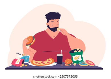 Binge eating disorder. Overeating problem, fat hungry man eat hamburger pizza unhealthy fast food addiction, obesity overweight or mental disease concept vector illustration original artwork