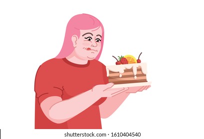 Binge eating flat color vector illustration. Overeating. The sugar intake in the diet. Gluttony. Overweight caucasian girl in anticipation of cake isolated cartoon character on white background