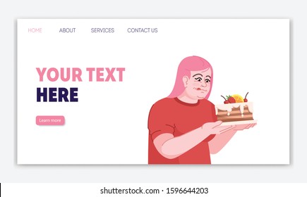 Binge eating landing page vector template. Overeating website interface idea with flat illustrations. Obesity homepage layout. Unhealthy nutrition web banner, webpage cartoon concept