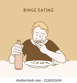 binge eating man character hand drawn style vector design illustrations.