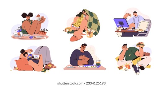 Binge eating, overeating concept. People consuming unhealthy fast junk food, pizza, crisps, sweet desserts. Gluttons and nutrition, diet problem. Flat vector illustrations isolated on white background