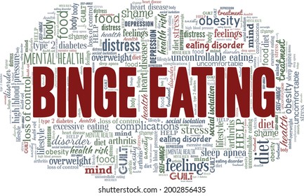 Binge eating vector illustration word cloud isolated on a white background.