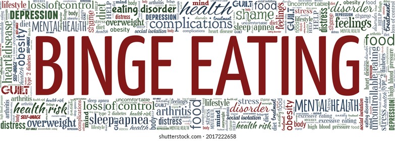 Binge eating vector illustration word cloud isolated on a white background.