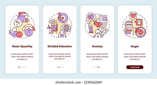 Binge reading news problems onboarding mobile app screen. Walkthrough 4 steps editable graphic instructions with linear concepts. UI, UX, GUI template. Myriad Pro-Bold, Regular fonts used