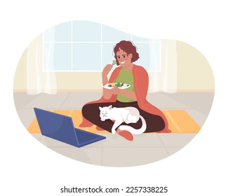 Binge viewing movies 2D vector isolated illustration. Woman eating salad with laptop and cat flat character on cartoon background. Colorful editable scene for mobile, website, presentation