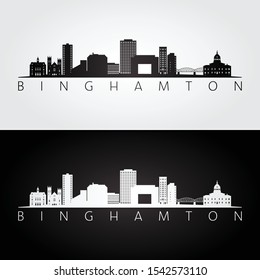 Binghamton, New York skyline and landmarks silhouette, black and white design, vector illustration.