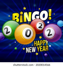 Bingo 2022 square banner. Colored billiard balls on a blue background. The concept of the holiday, games and Happy New Year 