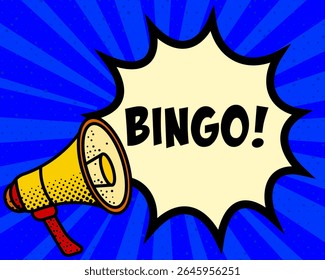 Burbuja del discurso del anuncio del bingo. Megáfono, ráfaga del discurso, estilo cómico, fondo brillante, elemento de comunicación, herramienta de expresión, proyección de voz, intercambio de información, diseño de arte pop.