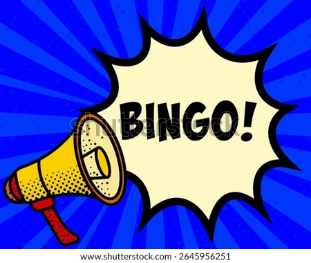 Bingo announcement speech bubble. Megaphone, speech burst, comic style, bright background, communication element, expression tool, voice projection, information sharing, pop art design.