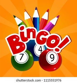 Bingo background with balls and pencils. Vector illustration.