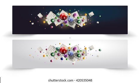 Bingo Balls and Cards are flying on shiny background. Lottery vector design. Banner or site head design.