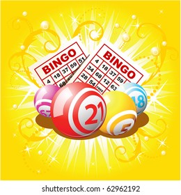 Bingo balls and cards on golden background