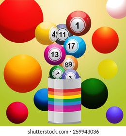 Bingo Balls coming out from a Tin of Colour and multicolour background