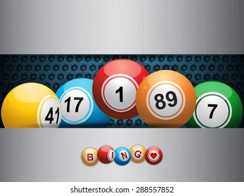 Bingo Balls Floating on Blue Metallic Plate with Brushed Metallic Edges