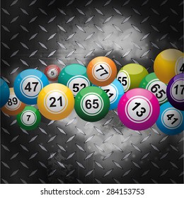 Bingo Balls Flying Over A Glowing Metallic Diamond Plate Background