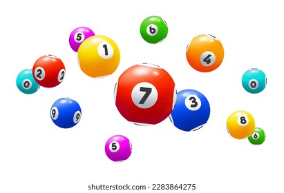 Bingo balls, isolated 3d vector lottery, lotto or keno gambling games colourful spheres with lucky numbers of winning combination falling. Gaming leisure activity recreation, raffle, luck or win prize