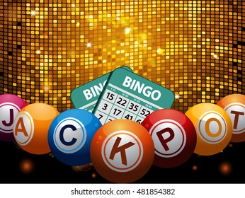 Bingo Balls with Jackpot Word and Cards Over Golden Disco Wall 