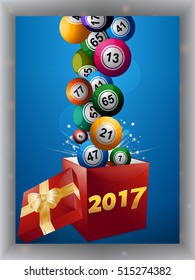 Bingo Balls Jumping Out From a Red Gift Box with Golden Ribbon Bow and Twenty seventeen Date over Blue Panel with Shadow