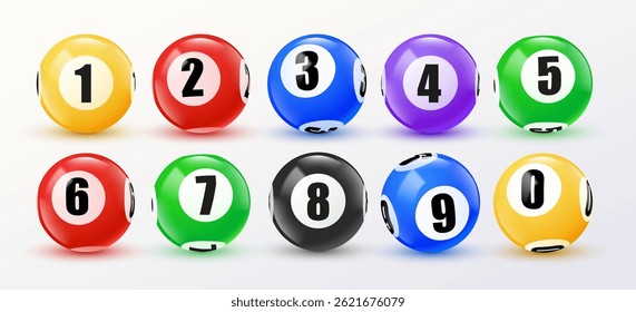 Bingo balls with numbers set. 3D lotto game balls, lotteries gaming event. Vector illustration