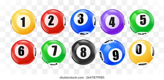 Bingo balls with numbers set on transparent background. 3D lotto game balls, lotteries gaming event. Vector illustration