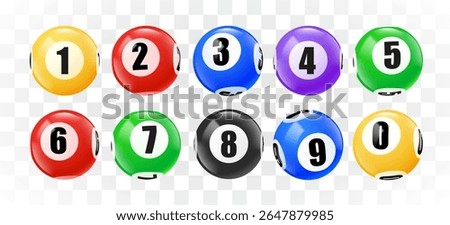 Bingo balls with numbers set on transparent background. 3D lotto game balls, lotteries gaming event. Vector illustration