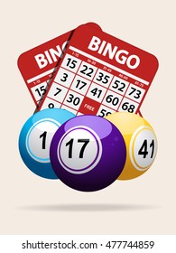 Bingo Balls Over Red Bingo Cards on White Background