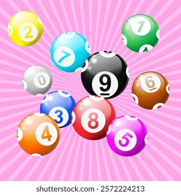 Bingo balls, realistic Lottery Colorful Number Balls, 3d lotto or billiard ball. Lucky gambling sport, casino game, vector design your website. isolated on Sunburst background