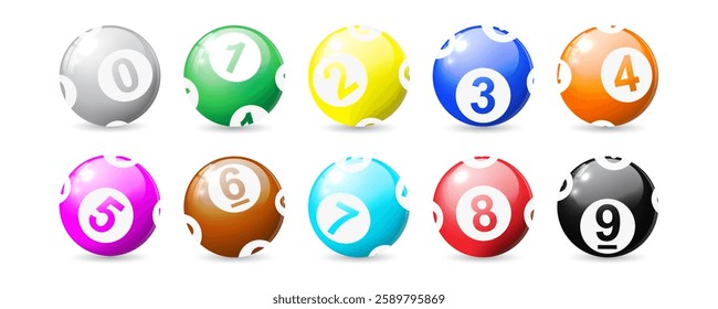 Bingo balls, realistic Lottery Colorful Number Balls, 3d lotto or billiard ball. Lucky gambling casino, sport game, vector design with shadow for your website. isolated on white background 