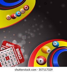 Bingo Balls Rolling Over Multi Coloured Swirls on Glowing Grey Background with Bingo Cards