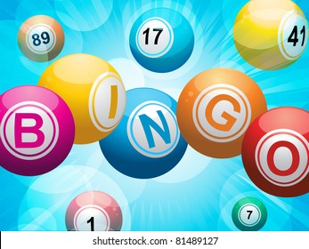 Bingo balls spelling the word 'bingo' on a glowing blue background