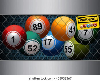 Bingo Balls Trapped Inside a Cage with Honeycomb Metallic Background and Yellow Warning Sign