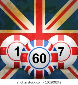 bingo balls with union jack and england flag design on a grunge united kingdom flag background