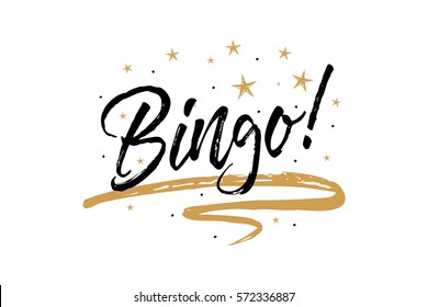 Bingo banner. Beautiful greeting card scratched calligraphy black text word gold stars.Hand drawn invitation T-shirt print design.Handwritten modern brush lettering white background isolated vector