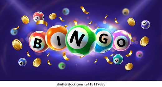 Bingobanner. Floating 3D Lotto-Spielbälle, Lotterie-Glücksspiel-Event-Promotion mit goldenen Münzen und fallende Konfetti-Vektorgrafik von Bingo-Spiel, Glücksspiel-Lotterie