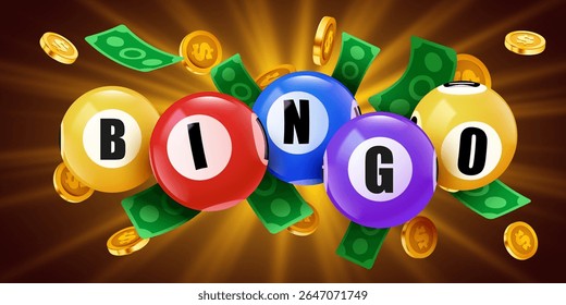 Bingo banner. Floating 3D lotto game balls, lotteries gaming event promotion with golden coins. Vector illustration